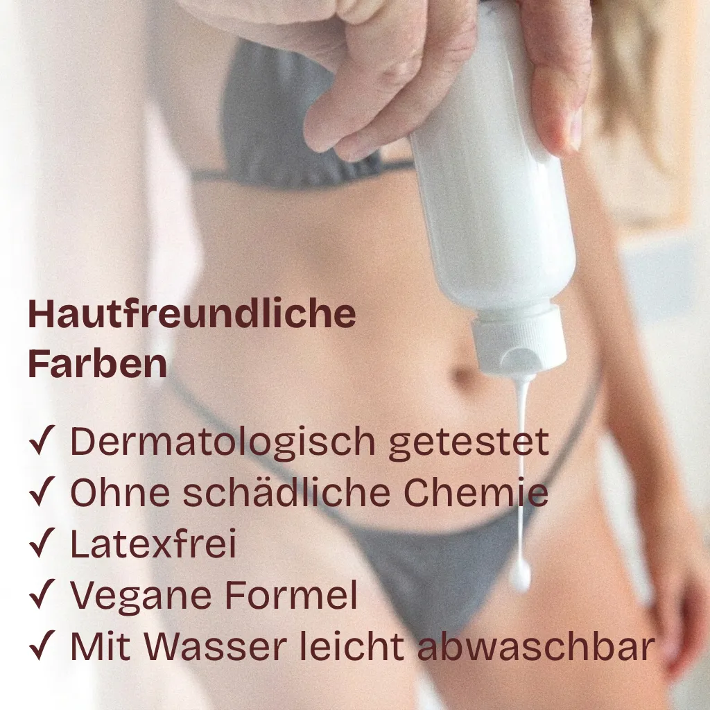 Hautfreundliche Farben — dermatologisch getestet, latexfrei, vegan